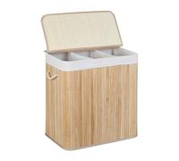 Relaxdays Ropa Sucia, 3 Compartimentos, con Tapa, Cesta Colada Rectangular, 62x62,5x42,5 cm, Bambú, Natural/Blanco, Cartón
