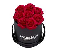 Relaxdays Rosas Artificiales, Caja de Flores Negra, 8 Unidades, Ramo Decorativo, Flower Box, Cartón-Tela-PP, Rojo