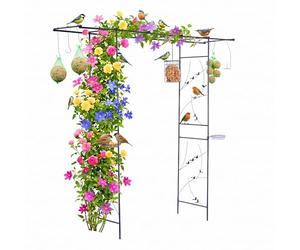Relaxdays Rosenbogen Vogelparadies, Rankhilfe, Vogelbad, Vogelfutterstationen HxBxT: 208 x 210 x 50 cm, Metal, Negro