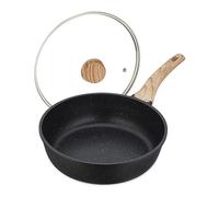 Relaxdays Sartén Antiadherente con Tapa de Vidrio, Ø 28 cm, Aluminio, Inducción, Mango Suave al Tacto, Negro y Natural, Polirresina