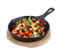 Relaxdays Posavasos de Madera Sartén de Hierro Fundido con Soporte, Cacerola Redonda para Servir, para Cocina y Parrilla, 20 cm, Antracita