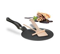 Relaxdays Sartén para Crepes con Esparcidor de Masa y Espátula de Madera, Apta para Inducción, Aluminio, Ø 25 cm, Negro