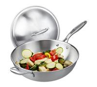 Relaxdays Sartén Wok, 32 cm Ø, Acero Inoxidable Sin Recubrimiento, Inducción, Gas y Eléctrica, con Tapa y Asa, Plateado