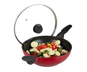 Relaxdays Sartén Wok con Tapa de Cristal 30 cm, Asas, Revestimiento Antiadherente, Inducción, Gas y Eléctrica, 4L, Rojo