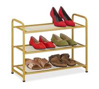 Relaxdays Zapatero, 6 Pares Zapatos, Bambú, 48 x 60 x 25 cm, Soporte Metal Calzado, Estrecho, 3 Baldas, Pasillo, Dorado, Acero, 48x60x25 cm