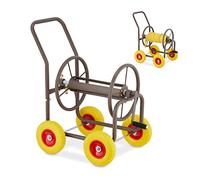 Relaxdays Schlauchwagen mit 4 Rädern Carro Portamangueras, hasta 60 m, 4 Ruedas Neumáticas, Acoplamiento por Clic, Soporte Mangueras Metal, Marrón, Caucho, 83 x 50 x 80 cm