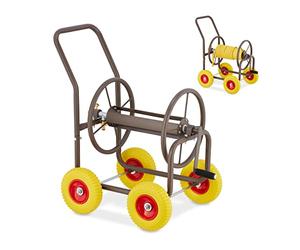 Relaxdays Schlauchwagen mit 4 Rädern Carro Portamangueras, hasta 60 m, 4 Ruedas Neumáticas, Acoplamiento por Clic, Soporte Mangueras Metal, Marrón, Caucho, 83 x 50 x 80 cm