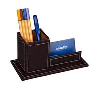 Relaxdays Schreibtisch Organizer für Visitenkarten Tarjetero de Escritorio con Portalápices, Polipiel, Organizador de Oficina, 10,5 x 20 x 10 cm, Marrón, Poliéster