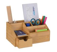 Relaxdays Schreibtisch Organizer mit Schublade Organizador de Escritorio con cajón, 6 Compartimentos, de bambú, 11 x 24,5 x 15 cm, Color Natural, Bambus, Naturaleza