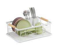 Relaxdays Secaplatos, con Cesto de Cubiertos y Bandeja de Goteo, Escurridor Platos de Plástico, Metal, en Color Blanco, Hierro, 15,5 x 42 x 31 cm