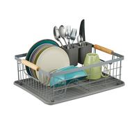 Relaxdays Secaplatos, con Cesto de Cubiertos y Bandeja de Goteo, Escurridor Platos de Plástico, Metal, en Color Gris, Hierro, 15,5 x 42 x 31 cm Aprox