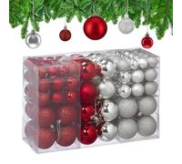 Relaxdays Set 100 Bolas Árbol Navidad, Decoración Navideña, Mate, Brillante y con Purpurina ∅ 3, 4 y 6 cm, Plateado/Rojo