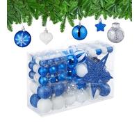 Relaxdays Set 101 Bolas Árbol Navidad, Plástico, Adornos Navideños con Bolitas y Estrella, Decoración, Azul/Blanco, Varios tamaños