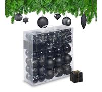 Relaxdays Set 110 Bolas Árbol Navidad, Decoración Navideña Plástico, Adornos Colgantes, Espumillones, Negro