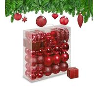 Relaxdays Set 110 Bolas Árbol Navidad, Decoración Navideña Plástico, Adornos Colgantes, Espumillones, Rojo, 9 x 8 cm