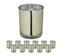 Relaxdays Set 12 Portavelas Vidrio, Vasos Velas Cristal, Sujetavelas Decorativos, Decoración Mesa, 8,5 x 7 cm, Dorado