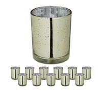 Relaxdays Set 12 Portavelas Vidrio, Vasos Velas Cristal, Sujetavelas Decorativos, Decoración Mesa, 8,5 x 7 cm, Dorado
