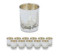 Relaxdays Set 12 Portavelas Vidrio, Vasos Velas Cristal, Sujetavelas Navideños Decorativos, 8,5 x 7 cm, Blanco y Dorado