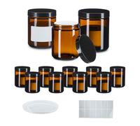 Relaxdays Tarros de Crema Vacíos, Set 12, 240 ml, Vidrio Ámbar, Botes Cosméticos con Tapa Rosca, Etiquetas, Marrón/Negro, 85%