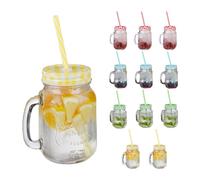 Relaxdays Jarras con Tapa y Pajita, Set de 12 Jarritas Limonada, 500 ml, Vasos Retro Veraniegos con Asa, Multicolor, Acero