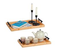 Relaxdays Set 2 Bandejas de Bambú Rectangulares, con Asas, Borde Alto, Cocina, Desayuno, 7x50x30cm y 7x43x26cm, Natural, Tablero de Fibras