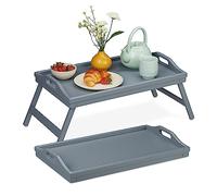 Relaxdays Set 2 Bandejas para Cama, Patas Plegables, Desayuno, Bambú y MDF, Decorativa, Borde Alto, 24x60x30 cm, Gris