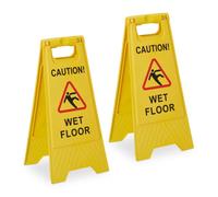 Relaxdays Cartel Suelo Mojado en Inglés, Caution Wet Floor, Set 2, Plegable, Escrito Ambos Lados, Plástico, Amarillo