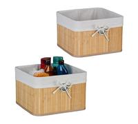 Relaxdays Set 2 Cestas de Almacenaje, Bambú, Forro de Tela, 20 x 31 x 31 cm, Cestitas con Agujero para Asa, Natural