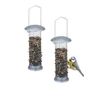 Relaxdays Set 2 Comederos Pájaros, Semillas y Cacahuates, Colgantes, Dispensadores Comida Aves, 33x10cm, Metal, Plateado