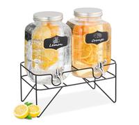 Relaxdays Set 2 Dispensadores Bebidas con Soporte, Recipiente Limonada 4L, Grifo y Tapa, Cristal, Surtidor, Transparente, 4 L