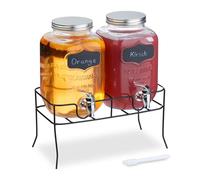 Relaxdays Set 2 Dispensadores Bebidas con Soporte, Recipiente Limonada 4L, Grifo y Tapa, Cristal, Surtidor, Transparente
