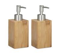 Relaxdays Set 2 Dispensadores Jabón Diseño Cuadrado, Dosificador Champú 240 ml, Loción, Lavavajillas, Bambú, 18x6,5x8 cm, Natural