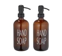 Relaxdays Set 2 Dispensadores Jabón Vidrio, Jaboneras 500 ml, Rellenables, Baño, Cocina, Dosificadores Gel Ducha, Marrón