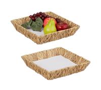 Relaxdays Set 2 Fruteros, Fibra Jacinto de Agua, Cuencos Cuadrados para Frutas o Pan, 7x30x30 cm, Estilo Boho, Natural