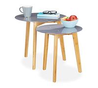 Relaxdays Set 2 Mesas Auxiliares, Bambú-Cristal, Gris-Marrón, 40 & 50 cm Ø