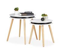 Relaxdays Set 2 Mesas Auxiliares, DM-Madera de Haya, Blanco-Negro, 40 & 48 cm Ø