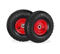 Relaxdays Set 2 Ruedas Carretilla 4.1/3.5-4, Neumáticos de Recambio, Eje de 16 mm, hasta 136 kg, 260x85 mm, Negro-Rojo
