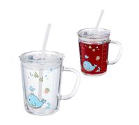 Relaxdays Set de 2 Vasos Infantiles, Diseño Ballena, Jarrita Agua Niños, con Asa, Tapa y Pajita, 400 ml, Transparente