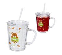 Relaxdays Set de 2 Vasos Infantiles, Diseño Osos, Jarrita Agua Niños, con Asa, Tapa y Pajita, 400 ml, Transparente