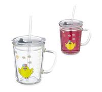 Relaxdays Set de 2 Vasos Infantiles, Diseño Pollito, Jarrita Agua Niños, con Asa, Tapa y Pajita, 400 ml, Transparente, Hierro