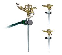 Relaxdays Set de 3 Aspersores de Impulso, con Piqueta, Alcance de 15 m, 20°-360°, Riego de Jardín, Dorado/Plateado