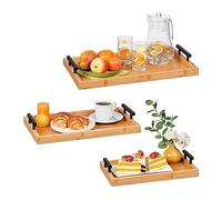 Relaxdays Set 3 Bandejas de Bambú Diseño Rectangular, con Asas, Borde Alto, Cocina, Comida, Diferente Tamaño, Natural