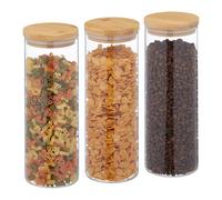 Relaxdays 1600 ml Botes Cristal, Set 3, Recipientes Cocina Grandes, Tapa Bambú, Tarros Herméticos, Transparente/Natural