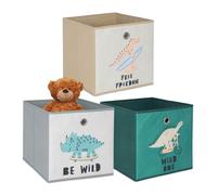 Relaxdays, Set de 3 Cajas de Almacenamiento para niños, Motivos de Dinosaurios, Caja Plegable, 30 x 30 x 30 cm, Textil