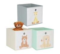 Relaxdays Set 3 Cajas Plegables con Motivos Animales para niños, estanterías cúbicas, 30x30x30 cm, Textil Multicolor