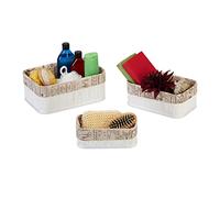 Relaxdays Set 3 Cestas de Almacenaje, Cajas Organizadoras Bambú, Cajitas Baño o Pañuelos, Funda de Tela, Blanco y Beige, 12 x 30 x 20 cm