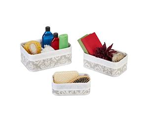 Relaxdays Set 3 Cestas de Almacenaje, Cajas Organizadoras Bambú, Cajitas Baño o Pañuelos, Funda de Tela, Blanco y Gris