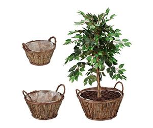 Relaxdays Set 3 Macetas, con Corteza, para Flores y Hierbas, Cesta Plantas con Forro, 3 Tamaños, Cestos Madera, Natural