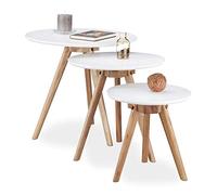 Relaxdays Set 3 Mesas Auxiliares Nórdicas Redondas, Madera de Nogal-DM, Blanco-Marrón, 32, 40, 50 cm de diámetro