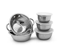 Relaxdays Set 3 Recipientes Cocina con Tapa, 1 Ensaladera, 1 Colador, Acero Inoxidable, Apilables, 0,8 Kg, Plateado, 5